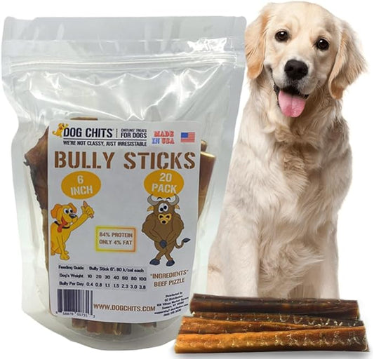 Dog Chits Bully Sticks for Dogs and Puppies | 6-inch, 20 Pack | Natural Healthy Long Lasting Chew for Large and Small Dogs Protein Treats | Odor Free