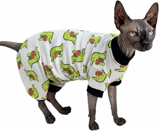 Sphynx Cat Four Leg Cotton Pajamas Elastic Pet Clothes for Hairless Cats Surgery Recovery Suit Undershirt Clothes for Sphynx, Devon, Cornish (Crocodile, S)
