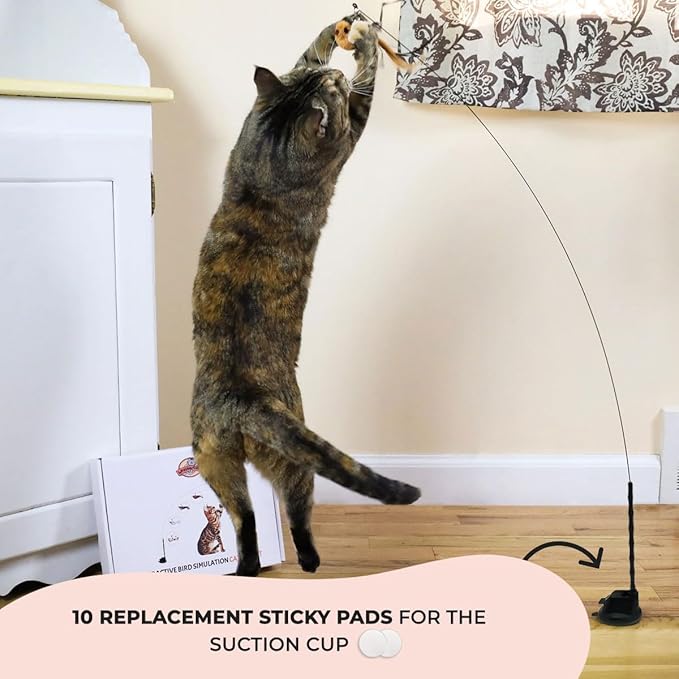 Interactive Bird Simulation Cat Toy Set, Interactive Cat Toys for Indoor Cats, Cat Feather Toy, Self-Holding Suction Base, 5 Replacement Birds (10 Replacement Sticky Pads)
