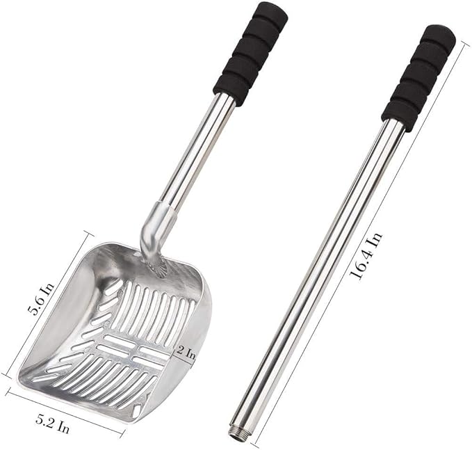 Yangbaga Metal Cat Litter Scoop with Deep Shovel&Long Handle,Detachable Stainless Steel Non-Stick Litter Sifter with Foam Padded Grip, No Bending Back Heavy Duty Cat Litter Scooper