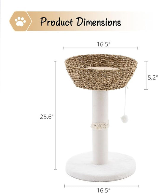 Cat Tree Tower, Natural Material Cat Condo with Handwoven Nest Basket Bed, Cotton Scratching Post, Funny Hanging Toy Ball, 2 Sides Cushion Top Perch, Seagrass