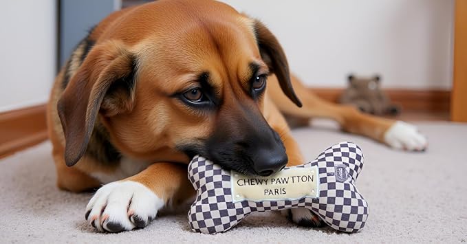 Dog Toy Plush Designer Dog Luxury Toys with Interactive Squeaker Stimulating Pet Enrichment Bone Puppy Checkered Doggie Birthday Gift Boy Girl Soft Chew (Chewypawtton, Large)