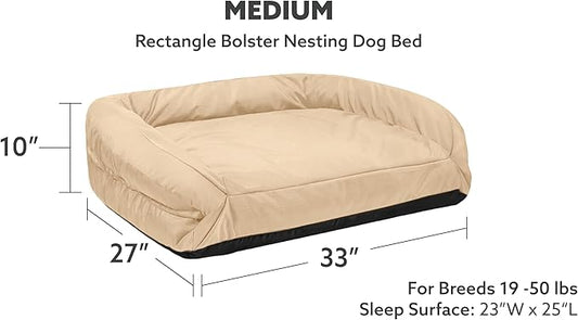 K9 Ballistics Tough Bolster Nesting Pillow Medium Sofa Dog Bed with Removable Washable Cover - Durable, Water Resistant with Nonskid Bottom 33"x27", Sandstone