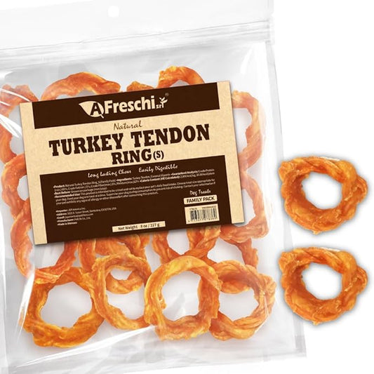AFreschi Natural Turkey Tendon Ring (S) 8 oz, for Small Breeds, USA-Sourced Turkey Tendon, All Natural Puppy Chew, Hypoallergenic, Rawhide Alternative