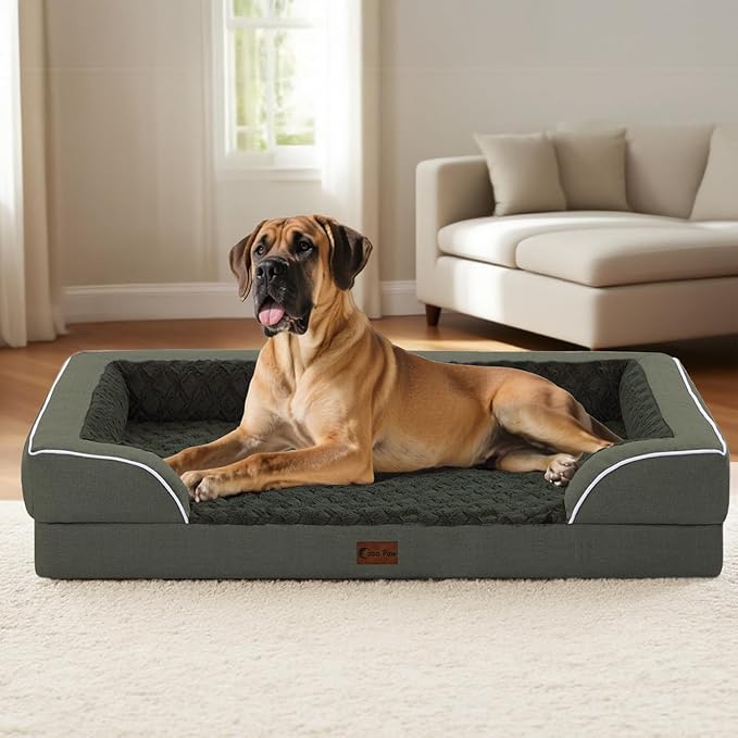 Orthopedic XXL Dog Bed for Extra Large Dogs, Waterproof Memory Foam Dog Beds with Sides, Egg-Crate Foam and Non-Slip Bottom Dogs Couch Beds with Washable Removable Cover(XX-Large,Dark Green)
