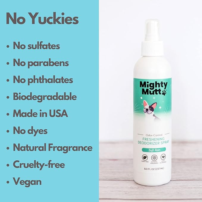 Mighty Mutt Natural Deodorizing Dog Spray | Odor Control and Freshening | Dog Spray for Smelly Dogs | Hypoallergenic, Calming and Moisturizing | Soft Rain, 8oz