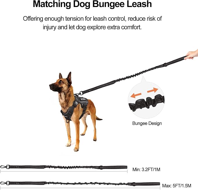 Petmolico Tactical Dog Harness with Leash, No Pull Dog Harness with Hook and Loop Panels for Hiking Training Military Service Dog Harness with Patches for Large Dogs, Black L
