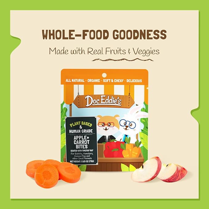 Doc Eddie’s Apples+Carrots Small Animal Soft & Chewy Treats or Snack for Hamster, Rabbit, Chinchilla, Bunny, Gerbil, Mouse, Rat, Hedgehog, or Squirrel - 2.65oz - Made w/Real Fruit, Organic Ingredients