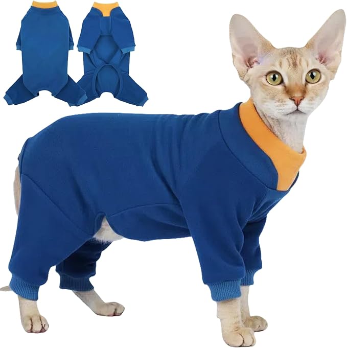 T'CHAQUE Sticky Hair Cat Onesie - Soft Long Sleeve Cat Pajamas, Anti-Shedding,Surgery Recovery Suit, Wound Protection & Preventing Licking, Kitten Sweaters for Male Female, Blue-XL