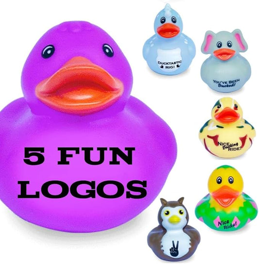 Ducks with 5 Fun Logos for Jeep Ducking – 50 Pack of Bulk Assorted Duckies with Unique Designs for 4x4 Drivers, Dashboard Displays, Off-Road Duck Tagging, Trail Gifts, and Adult Ducking Traditions
