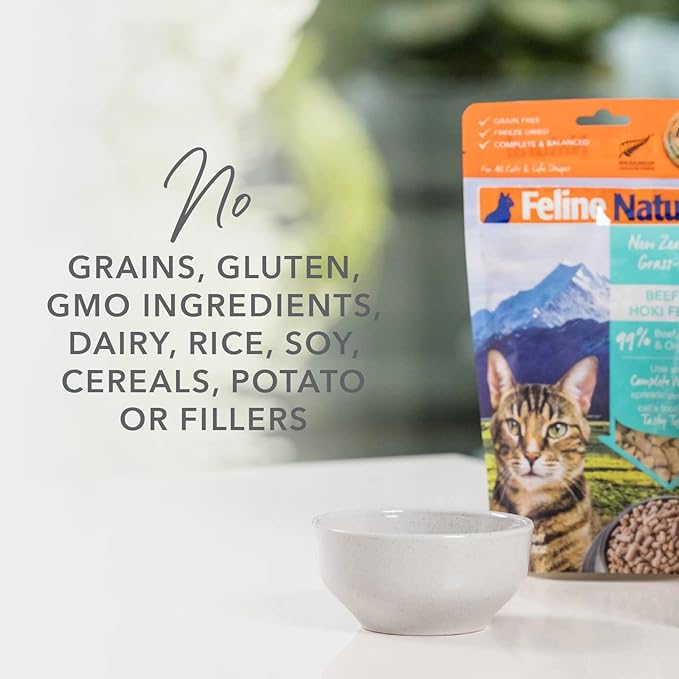 Feline Natural High Protein Dry Cat Food, Freeze-Dried Diet with 98% Meat, Organs & Seafood, No Peas, Grains, or Artificial Additives, Made in New Zealand, Beef, 11oz