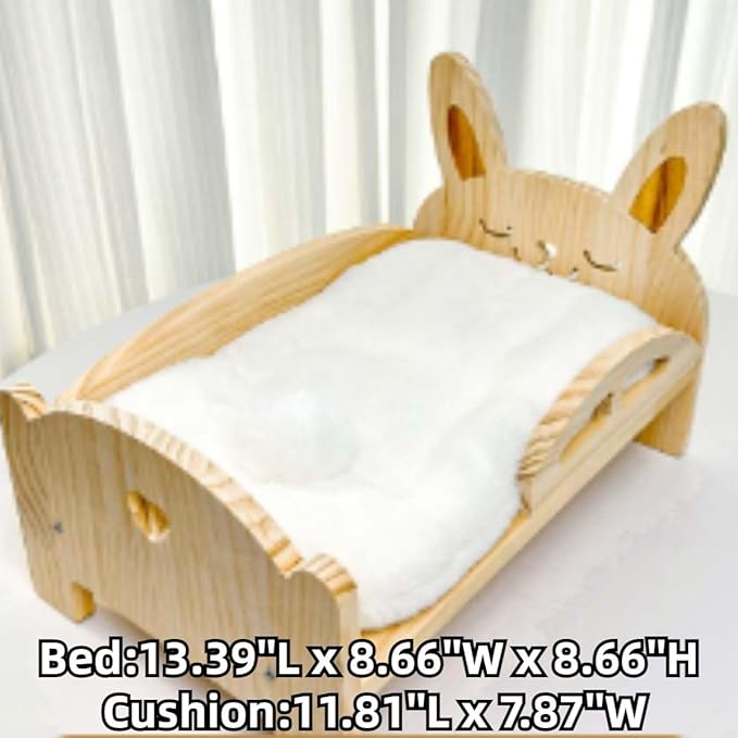 Large Wooden Rabbit Bed - Easy Assemble 13.3"x 8.6" Pet Bed with Support Structure & Removable Cushion for Rabbits, Guinea Pigs, Kittens & Small Animals - Cozy Sleeping Habitat