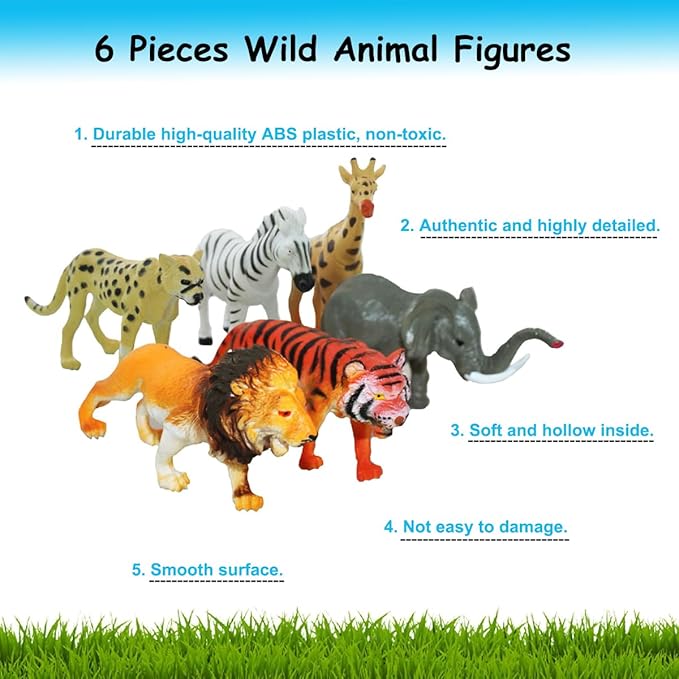 Lchen Safari Animals Figures, 4" Zoo Safari Plastic Figurine Model Decoration with Tiger Leopard Lion Giraffe Zebra Elephant (Pack of 6)