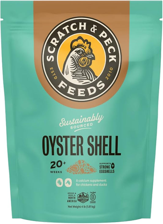 Scratch and Peck Oyster Shell Supplement - 4 lb Bag - Natural Calcium Boost for Healthy Eggshells in Chickens and Ducks, Sustainably Sourced Pure Flaked Oyster Shell