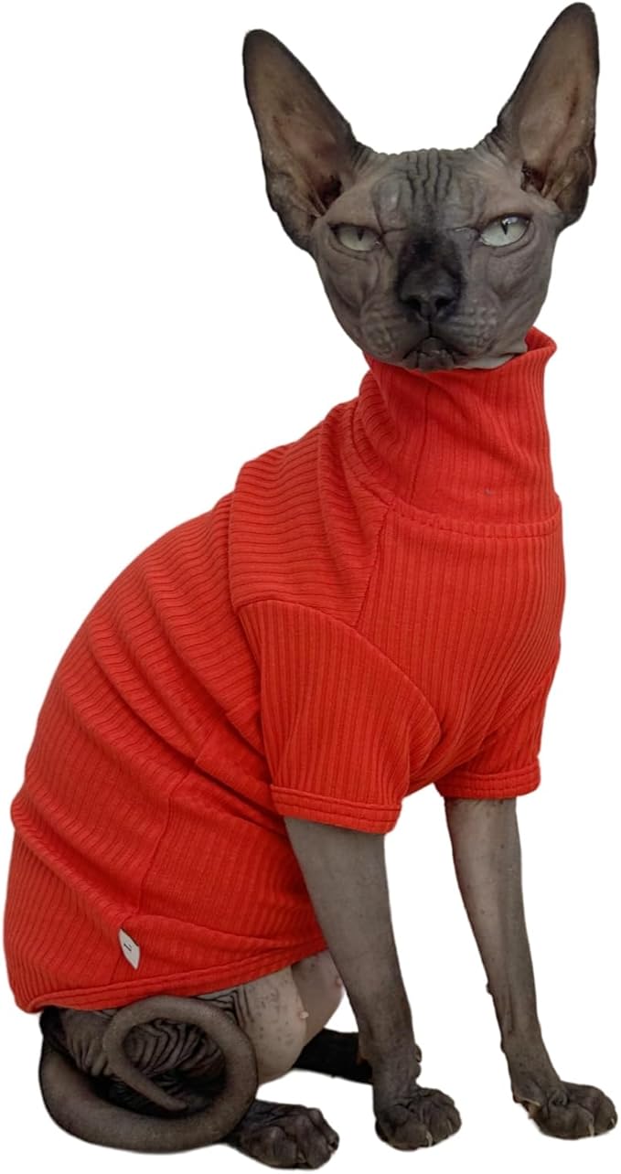 Sphynx Cats Shirt Cat Turtleneck Cotton Sweater Pullover Kitten T-Shirts with Sleeves Cat Pajamas Jumpsuit for Sphynx Cornish Rex, Devon Rex, Peterbald (Sunset, Small)