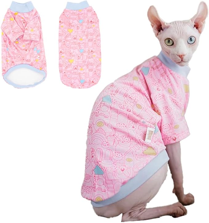 Sphynx Cat Clothes, Hairless Cat Shirt, Soft Stretchy Sweater for Cats, Breathable Cat Daily Outfit, Cat Pullover for Cornish Rex, Devon Rex (Pink Cartoon, XXL (8.5-12lbs))