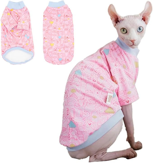 Sphynx Cat Clothes, Hairless Cat Shirt, Soft Stretchy Sweater for Cats, Breathable Cat Daily Outfit, Pullover for Cornish Rex, Devon Rex (Pink Cartoon, M (3.5-5lbs))