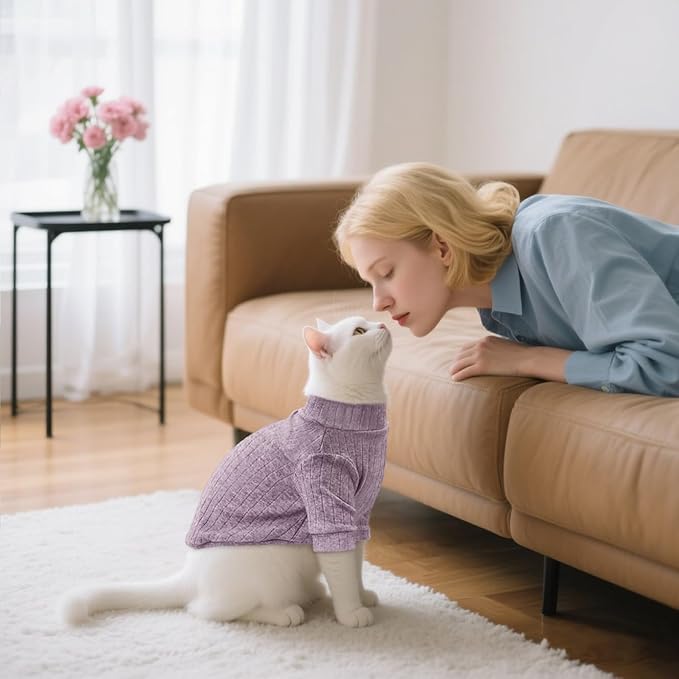 Idepet Sphynx Hairless Cats Sweater Shirt Kitten Soft Puppy Clothes Pullover Cute Cat Pajamas Jumpsuit Cotton Apparel Pet Winter Turtleneck for Cats and Teacup Chihuahua Small Dogs(Purple,XXL)