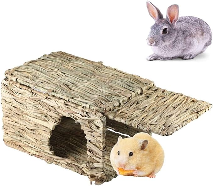Rabbit Grass House - Natural Hand Woven Seagrass Play Hay Bed, Hideaway Hut Toy for Bunny Hamster Guinea Pig Chinchilla Ferret