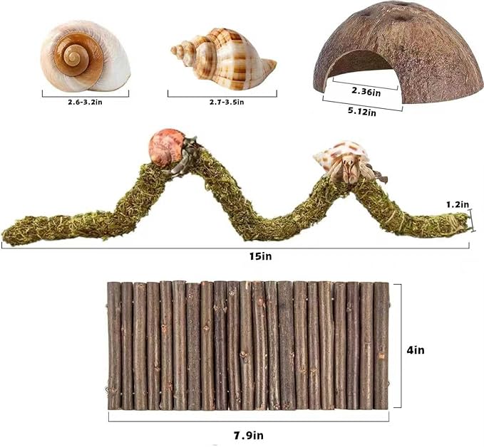 Hermit Crab Accessories, Natural Adjustable Hermit Crab Climbing Toys Bendable Bridge, Coconut Shell Hideout Hut, Plants for Reptiles & Amphibians Supplies(B-Group-9PCS)
