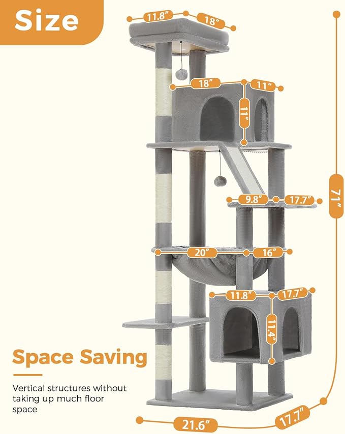 71" Tall Cat Tree for Large Cat 20 lbs with Super Large Hammock, Heavy Duty Cat Tower with 4 Sisal Scratching Posts & 2 Spacious Condos for Big Adult Cats Maine Coon-Grey