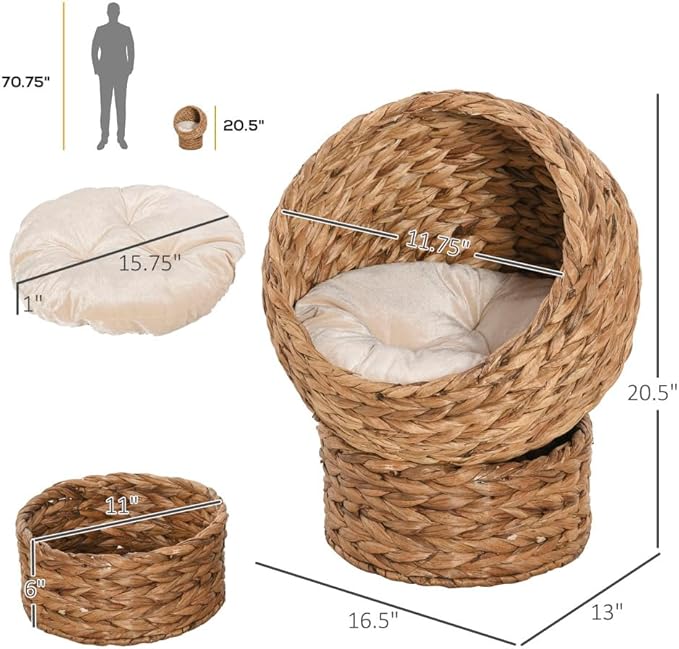 Merax Handwoven Wicker Cat Bed - Elevated Egg Chair Design with Soft Cushion & Stand, Raised Basket Bed for Indoor Cats, 23.5 Inch Height, Supports Up to 8 Lbs