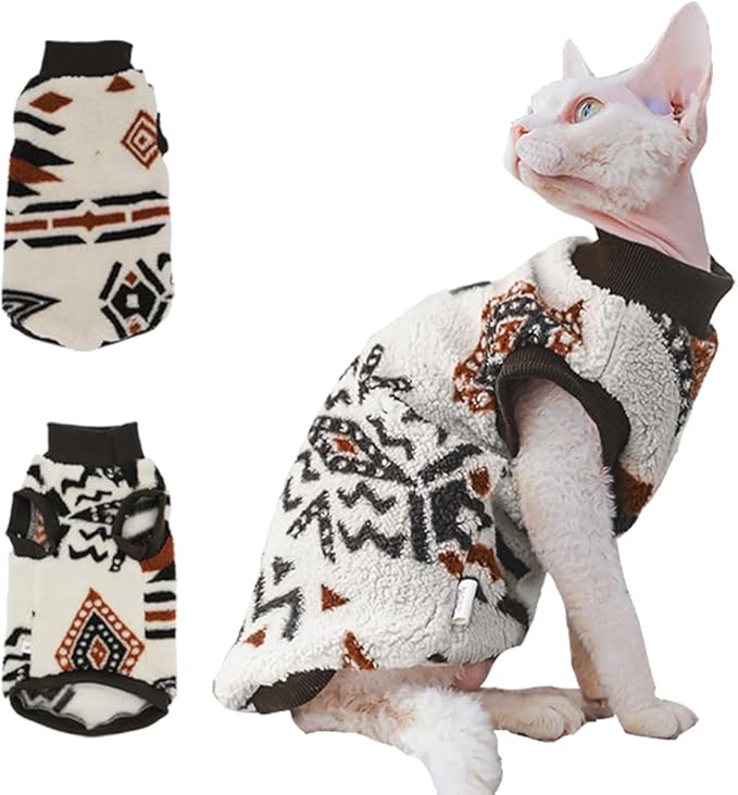 Sphynx Cat Clothes,Boho Style Cat Clothes for Fall Winter, 2-Legged Fleece Lined Warm Shirt, Soft Plush Sweater for Hairless Cats Devon Rex (Beige, Small (2.5-3.5lbs))