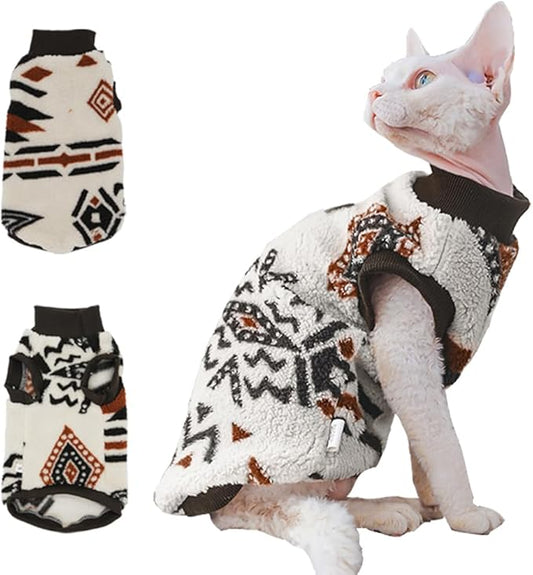 Sphynx Cat Clothes,Boho Style Cat Clothes for Fall Winter, 2-Legged Fleece Lined Warm Shirt, Soft Plush Sweater for Hairless Cats Devon Rex (Beige, XX-Large (8.5-12 lbs))