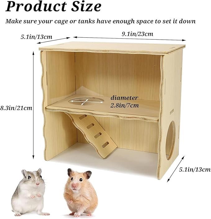 Double-Decker Hamster Hides, Wooden Hamster Hut, Syrian Hamsters Hideout with Acrylic Panel for Clear Observation, Detachable Gerbil Mouse House with Installation Instruction
