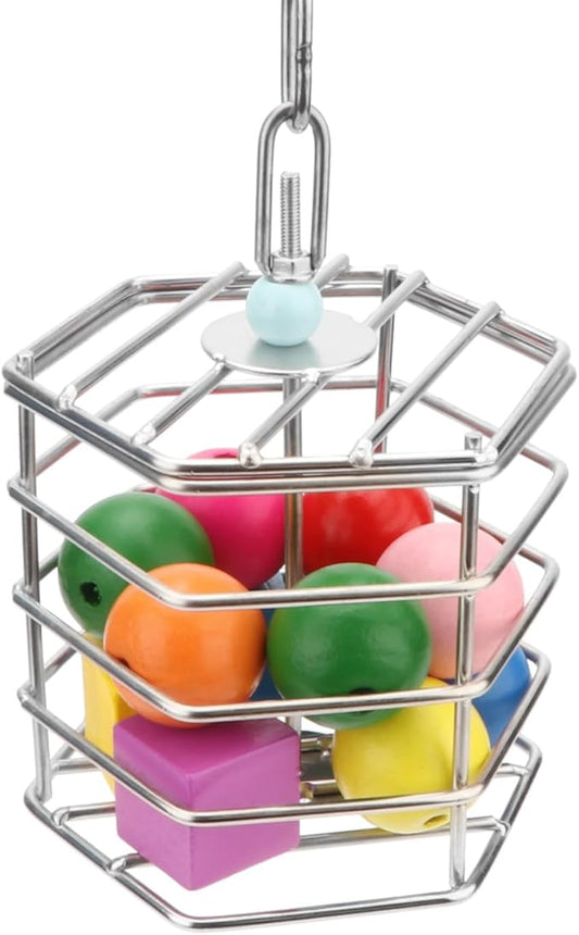 Bird Stainless Steel Foraging Feeder Parrot Hanging Feeding Box for Macaw African Grey Cockatoo Cockatiel Amazon Cage (Foraging Feeder with Blocks)