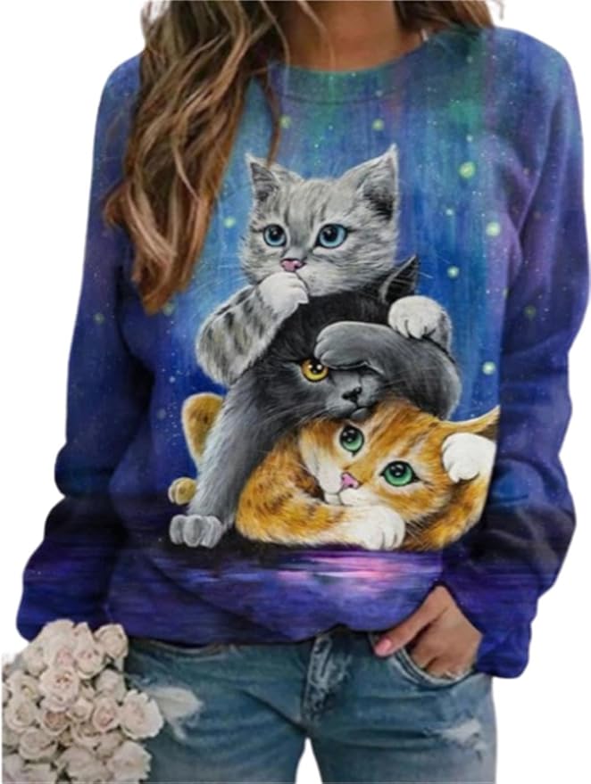 IVERIRMIN Women's 3D Cute Cat Print Sweatshirt Casual Long Sleeve Crewneck Cute Cat Pullover Loose Fit Shirts