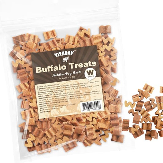 Buffalo Dog Treats W Shaped 8oz, Natural Low-Fat Chews for Training & Rewards, Limited Ingredient, Dogs & Puppies