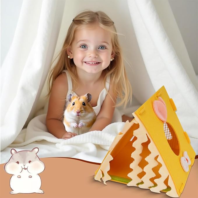 Hamster Hideout Tent (7"×6.5"×5.7") - Hamsters Hut with Bunny Ears, Tassel Curtain & Breathable Mesh - Small Pet Sanctuary for Hamsters,Young Guinea Pigs, Sugar Gliders