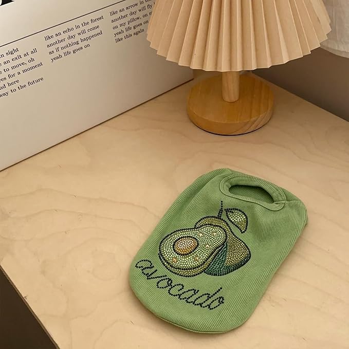 Washed Cotton Pet Vest with Rhinestone Fruit Designs, Soft & Stylish Small Dog Cat Vest for Spring Summer, Breathable & Shiny (Green-Avocado, Medium)