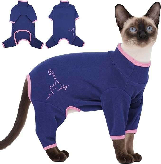 DENTRUN Cat Clothes for Hair Control with Hair Sticky Fabric - Soft Recovery Suit & Breathable Lint-Resistant Cat Sweater for Cats Only, Kitten Onesie Pajamas, L, Blue