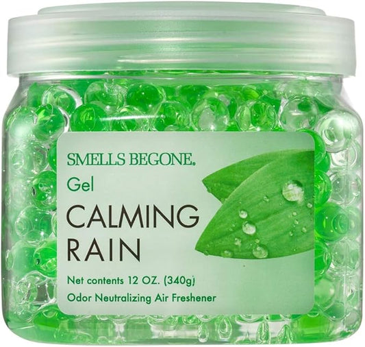SMELLS BEGONE 12 oz Odor Eliminator Gel - Air Freshener - Absorbs & Eliminates Odor in Bathrooms, Basements, Cars, Boats, RVs & Pet Areas - Made with Essential Oils - Calming Rain Scent
