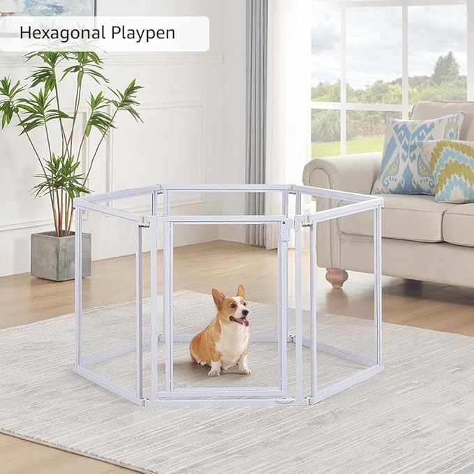 unipaws Clear Acrylic Transparent Dog Playpen, 125” Extra Wide 6 Panels Freestanding Walk Through Dog Gate, Foldable Pet Pen Whelping Cage for Puppy Cats