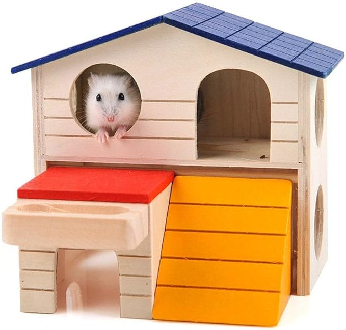 Pet Small Animal Hideout Hamster House Deluxe Two Layers Wooden Hut Play Toys Chews