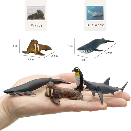 Small Montessori Animal Figures with Flash Cards, Realistic Animal Figurines Toys, Montessori Materials Homeschool Preschool Science Educational Matching Game for Toddler Kids (Sea)