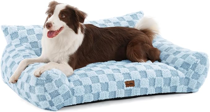 MADE 4 PETS Dog Couch Bed, Soft Faux Fur Checkered Indoor Pet Sofa, Comfortable Fluffy Dog Sofa with Supportive Foam, Removable Washable Cover with Non-Slip Base, Blue, Large