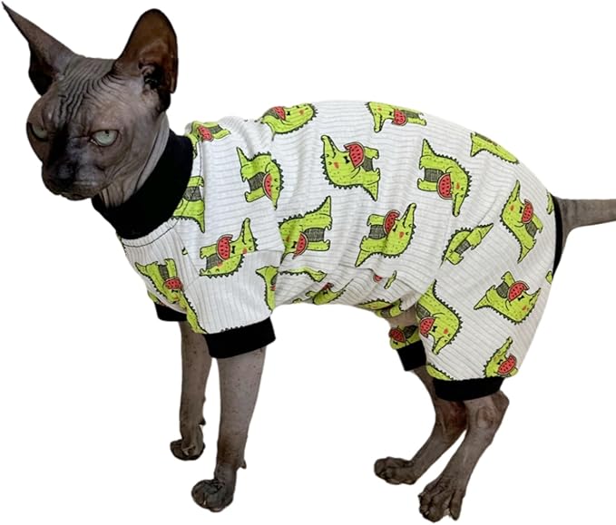Sphynx Cat Four Leg Cotton Pajamas Elastic Pet Clothes for Hairless Cats Surgery Recovery Suit Undershirt Clothes for Sphynx, Devon, Cornish (Crocodile, S)