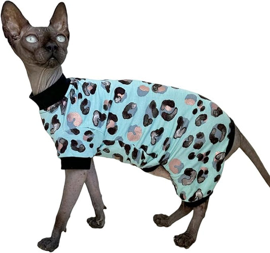 Sphynx Cat Four Leg Cotton Pajamas Elastic Pet Clothes for Hairless Cats Surgery Recovery Suit Undershirt Thermal Clothes for Sphynx, Devon, Cornish (Mint Leopard, XL)