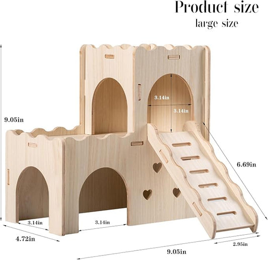 Large Wooden Hamster House Castle with Double Decker,Large Hamster, Wooden Houses,Dwarf Habitat Hideout with Climbing Ladder, Guinea Pig Castle Detachable Hideouts(D)