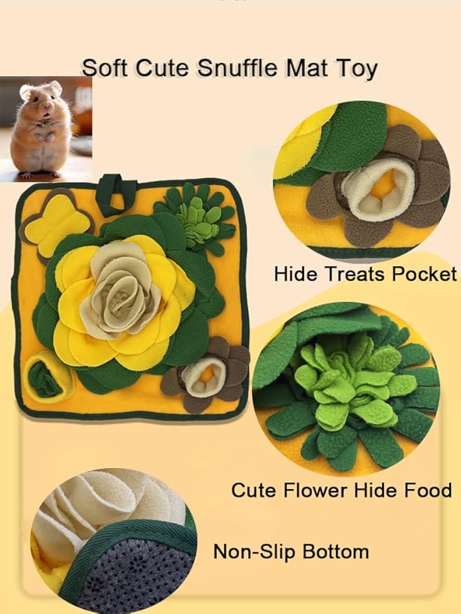 Rabbit Foraging Mat，Bunny Snuffle Mat for Hamsters Puzzle Toys Ferrets Interactive Feeding Mat for Guinea Pigs Hedgehog Chinchillas Small Animals Stress Relief (Yellow Green)