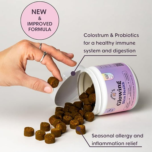 Glowing Skin and Coat Supplement for Dogs, 90 Soft Chews, Probiotics for Dogs with Colostrum, Omega 3 Fatty Acids, Salmon Oil, and Turmeric, Supports Seasonal Allergies & Itchiness