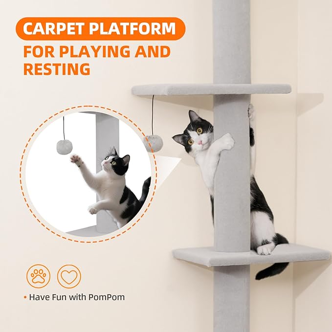 Cat Tree Floor to Ceiling Cat Tower 5-Tier Carpet Kitten Tree Cat Climbing Tower with Adjustable Height 98"-108", Tall Cat Trees with Platforms and Dangling Balls for Indoor Cats, Ash Grey