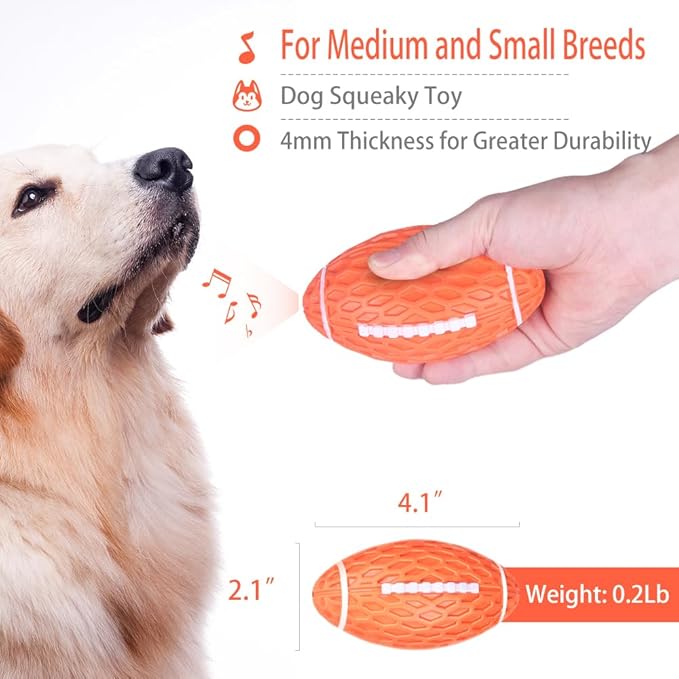AUSCAT 2PCS Squeaky Dog Football Toy for Aggressive Chewers, Tough Rubber Dog Ball for Small Medium Dogs, Green and Orange, Small, 4.1"