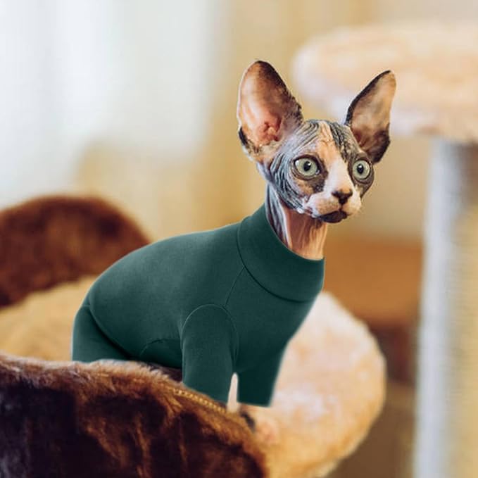 ROZKITCH Hairless Cat Clothes, Breathable Soft Cat Jumpers for Cats Only, Cat Coat with Four Legs, Warm Cat Sweater Cat T-Shirt Cat Pajamas Jumpsuit Vest Cornish Rex Devon Rex Peterbald DarkGreen M
