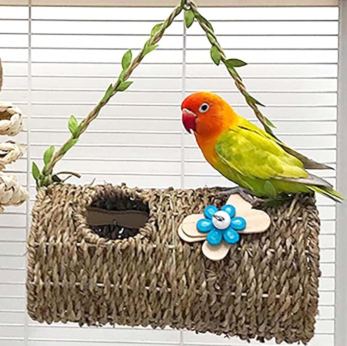 Seagrass Bird House Sea Grass Tent Parrot Tunnel with Holes and Lovely Flower Decor Natural Hanging Hammock Swing Nest Bird Snuggle Hut Toy for Hamster Lovebird Budgie Random Color