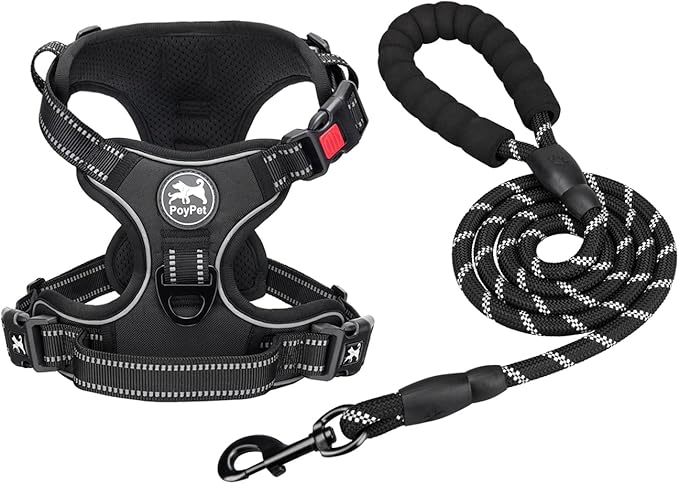 PoyPet Dog Harness and Leash Combo, Escape Proof No Pull Vest Harness, with 5 Feet Leash, Reflective Adjustable Soft Padded Pet Harness with Handle for Small to Large Dogs(Black,L)